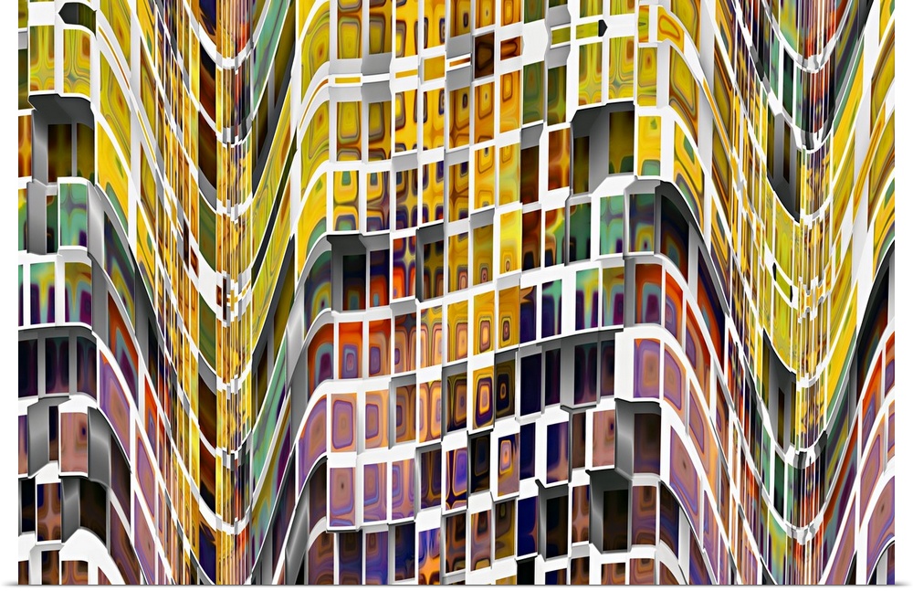 Conceptual photo of windows in a skyscraper full of bright colors, warped and twisted to create an abstract image.