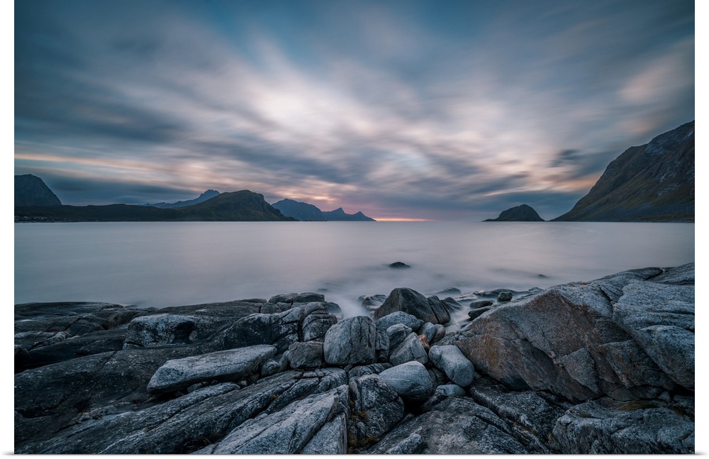 Silky water from long exposure near Haukland Beach in Lofoten, a beach favored by northern light hunters.