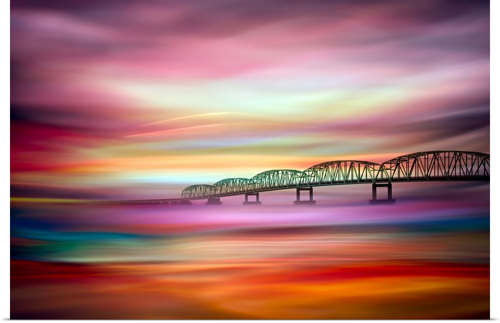 An abstract photograph of a bridge seen in the distance of an abstract landscape.