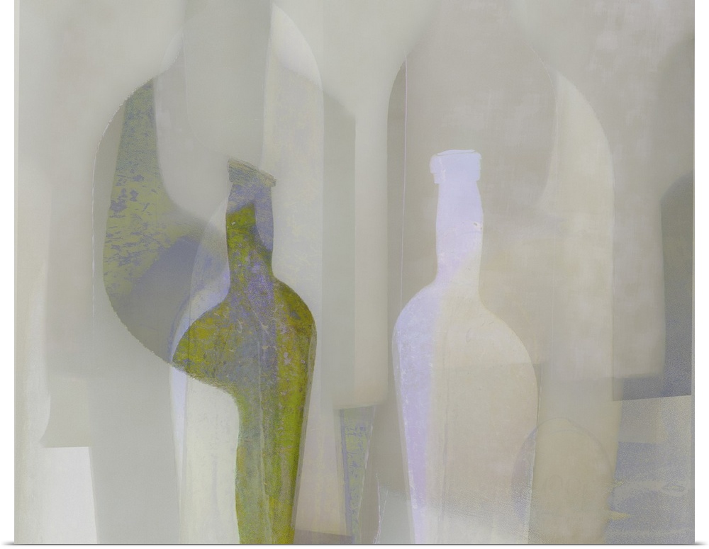 An abstract expressionist image of stylised bottle and ornamental object shapes in neutral and pale green colours with sof...