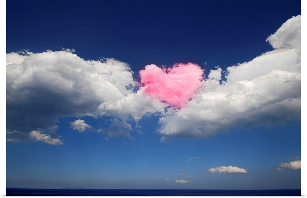 This large piece shows immense clouds with a heart shaped cloud in the middle that has been colored pink.