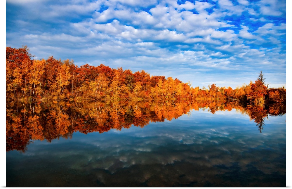 Reflection of autumn trees on a blue lake
