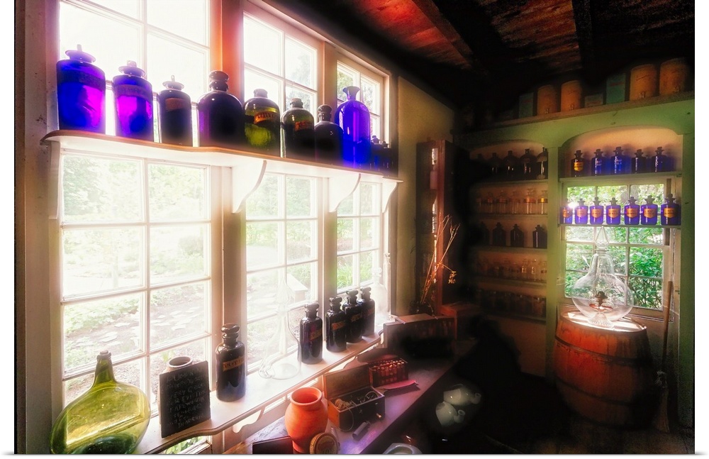 An ethereal photo of an antique kitchen or pantry filled with herbal medicine and concoctions.