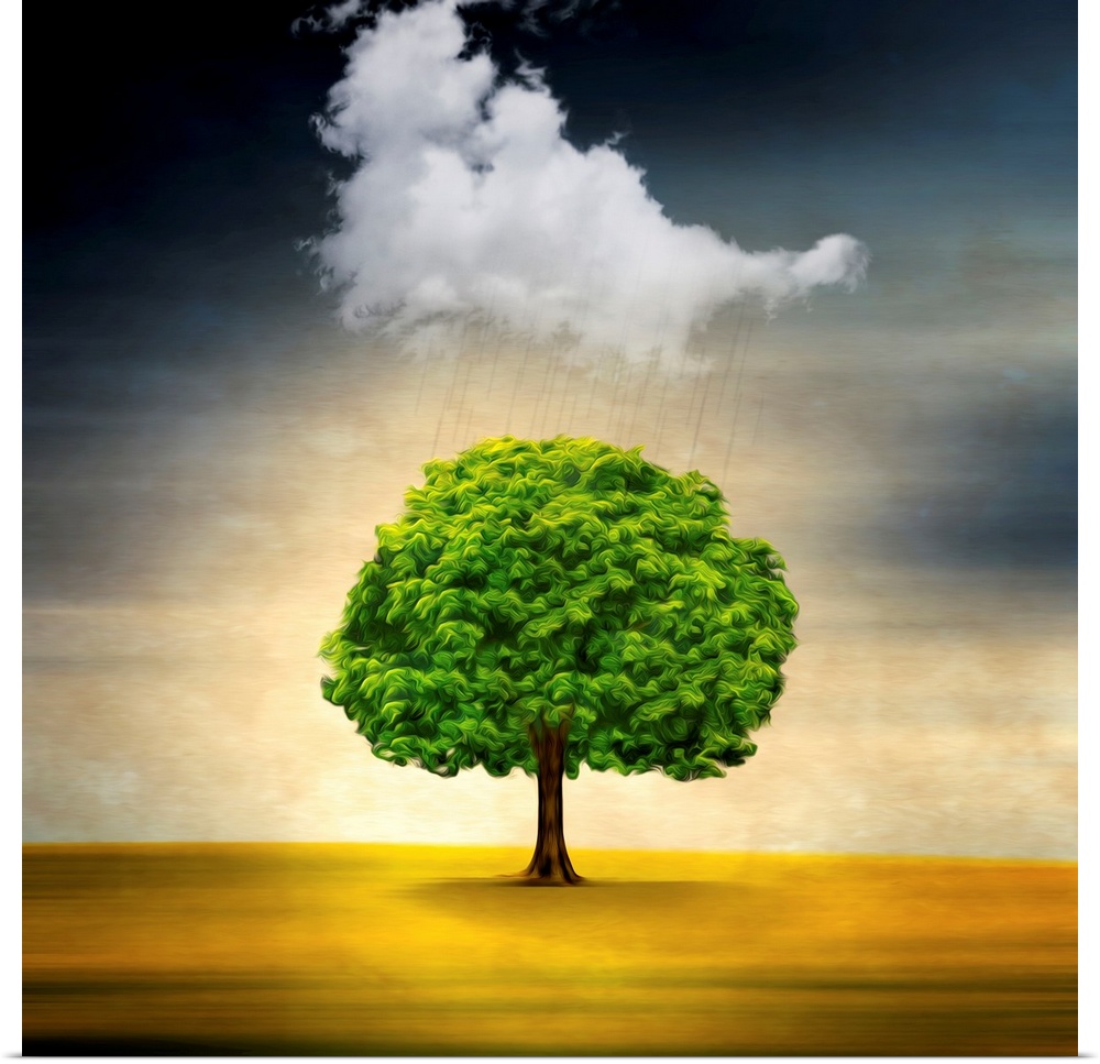Conceptual image of a single tree on a yellow field with a single cloud above raining.