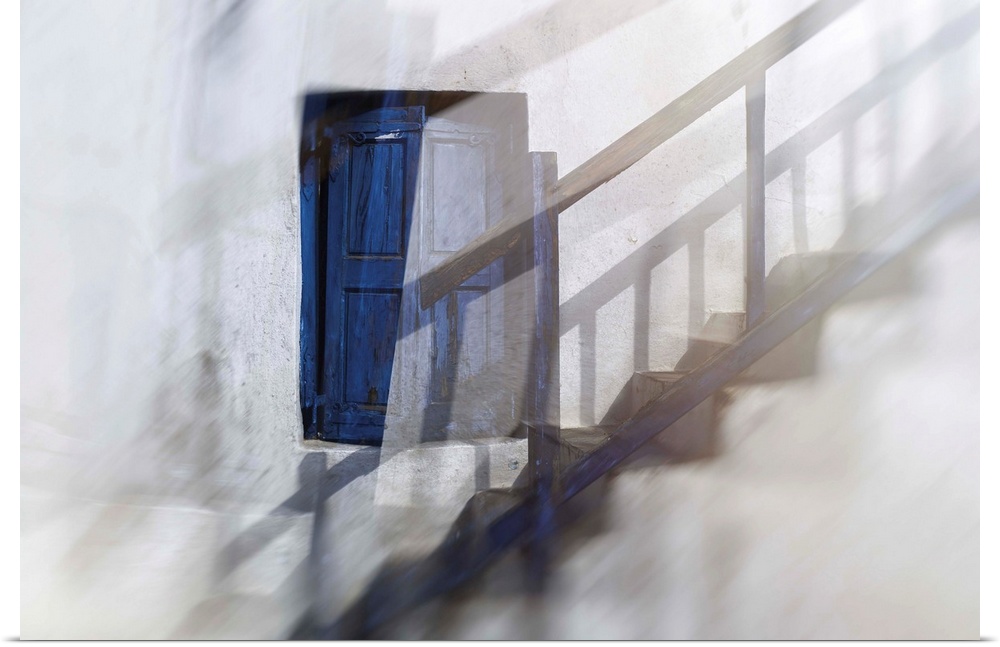 Ghostly image of a blue shuttered window along a set up steps with the shadow of the railings running up the wall.