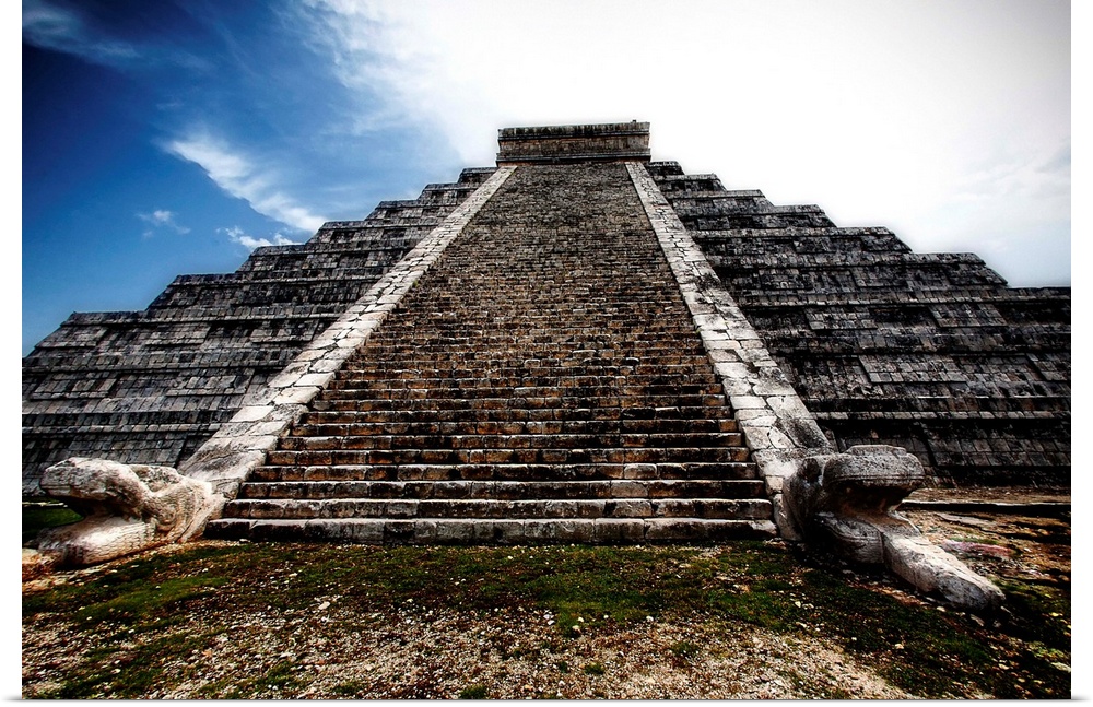 Low angle view of the Pyramid of Kukulcan, Chichen Itza, Yucatan Peninsula, Mexico.