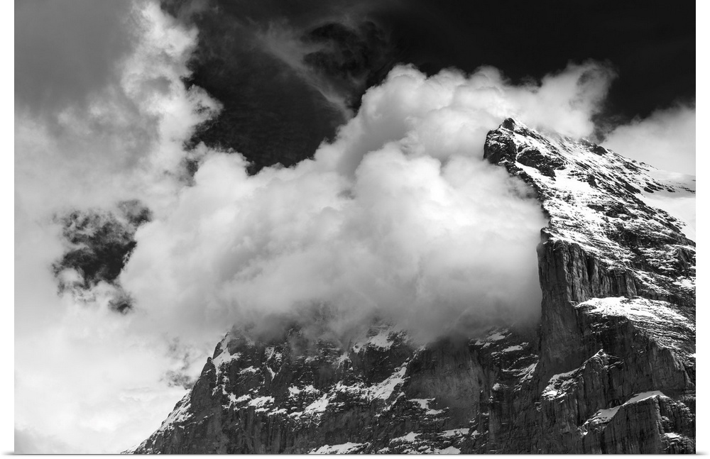 Clouds in the mountains, black and white photo