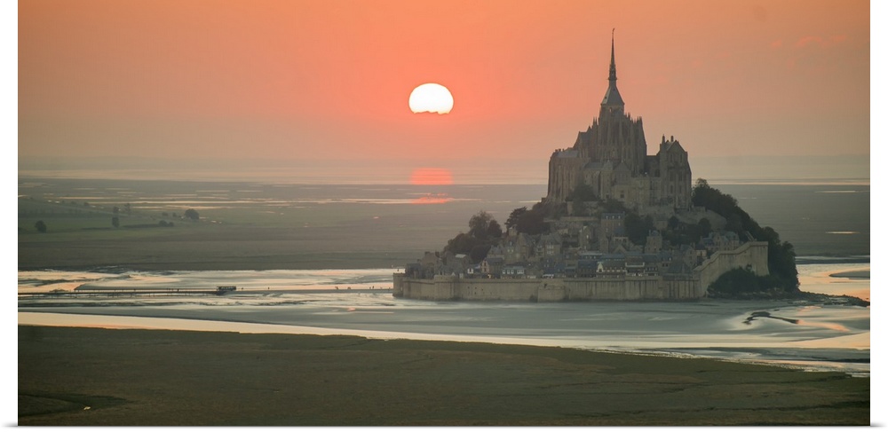 Aerial panoramic view of Mont Saint Michel at sunset.