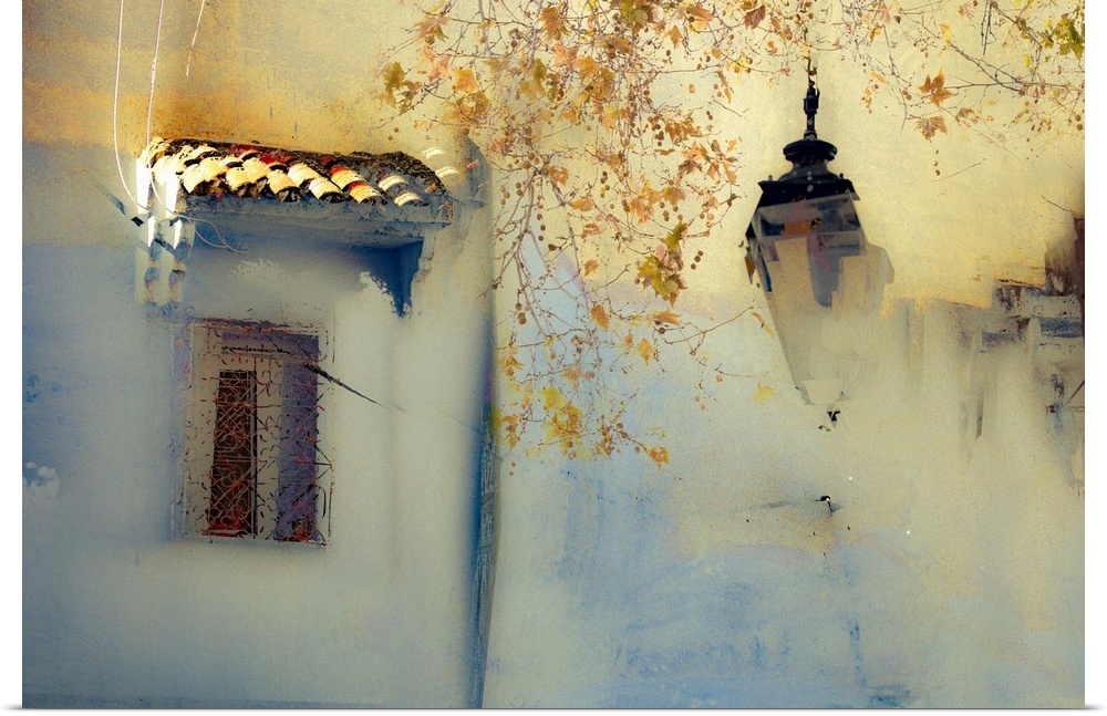 A stylised watercolour'esque image of a yellow green wall in Morocco with a wrought iron lamp and a window.