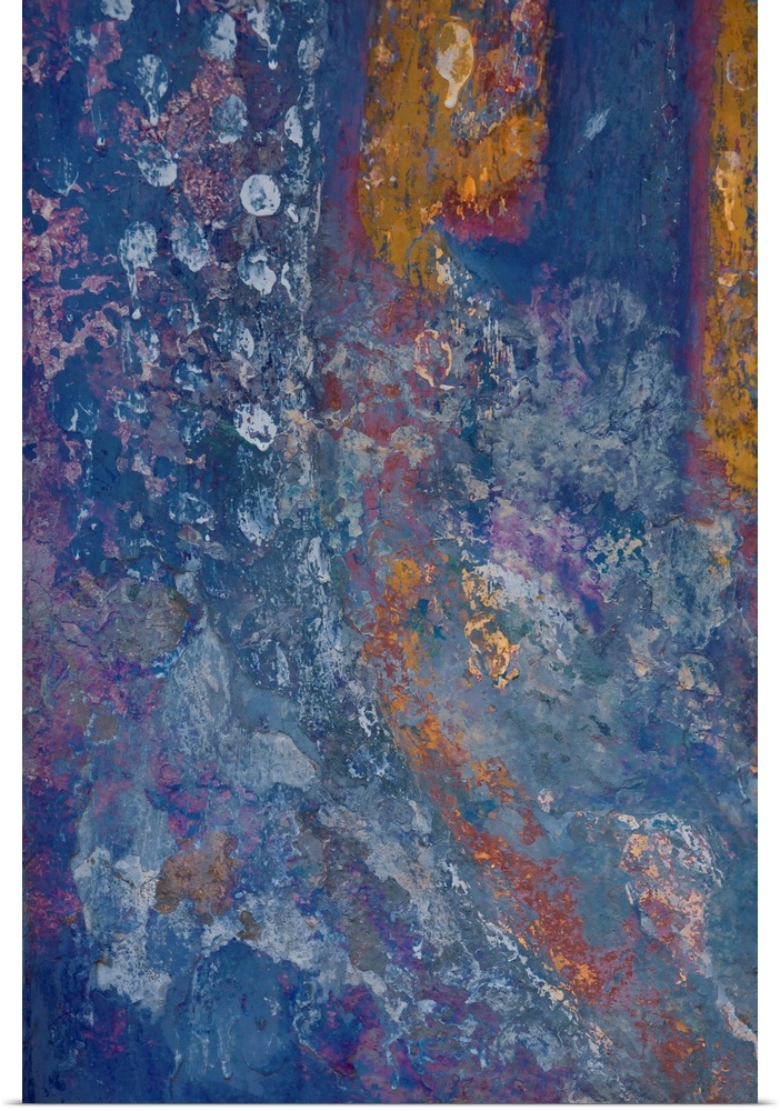 An abstract expressionist image of shimmering textures in blues, russets and greens and pinks.