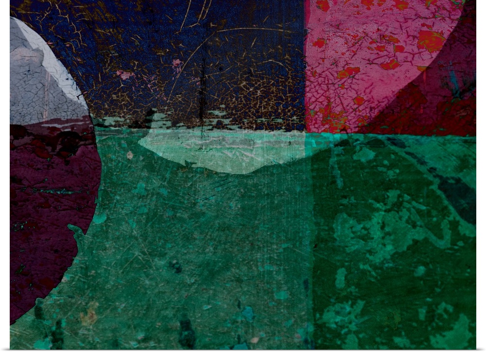 Jewel toned artwork layered with heavy textures and a distressed speckling.