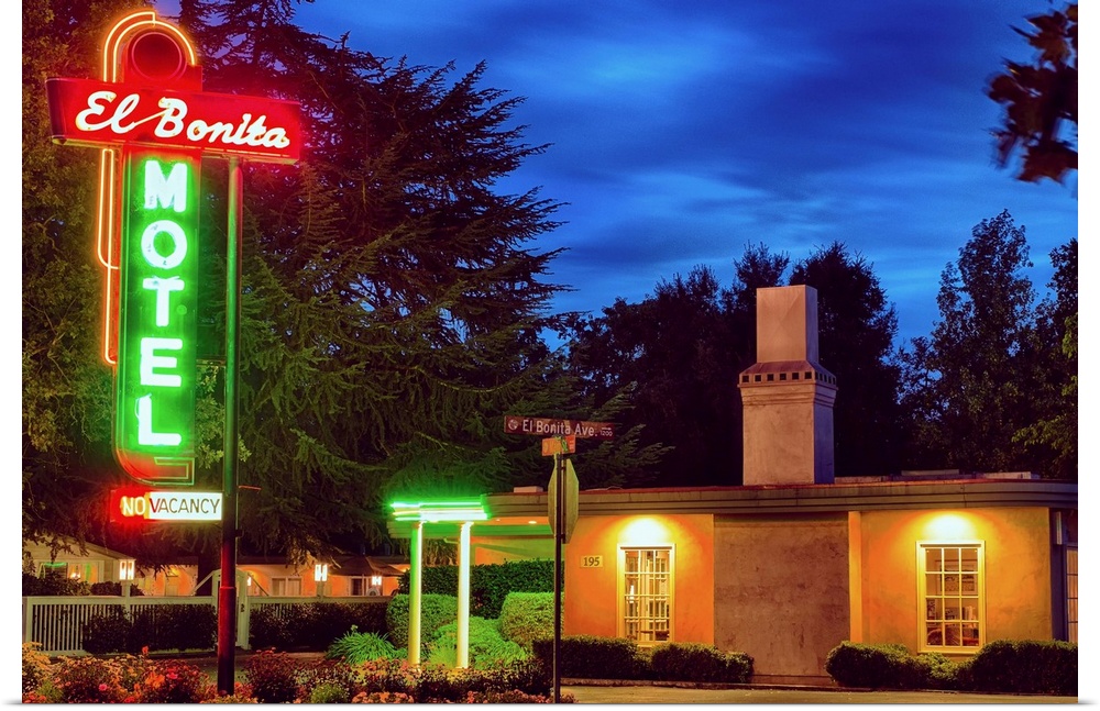 Fine art photo of a motel in Napa Valley with bright neon signs.