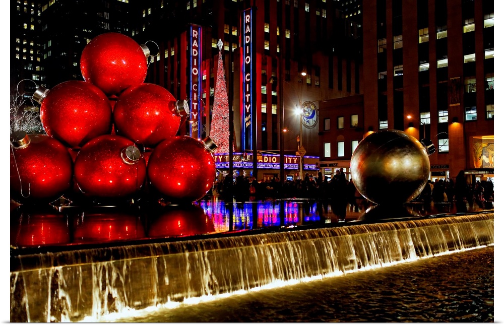 Radio City Music Hall night view with Christmas Decorations, New York City, New York.
