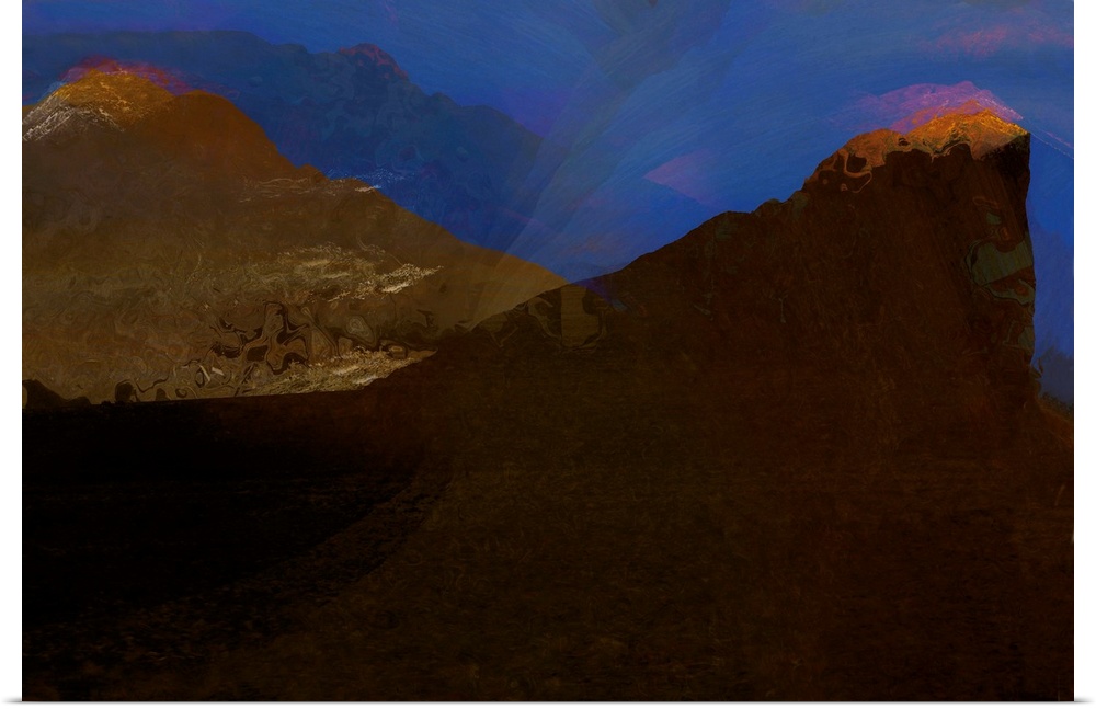 Abstract photograph with marbling brown hues and textures resembling a mountain terrain on a blue background.