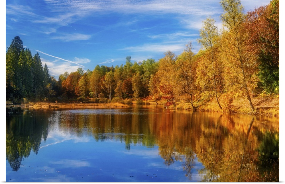 Trees in a variety of fall colors mirrored in a lake with a blue sky above.