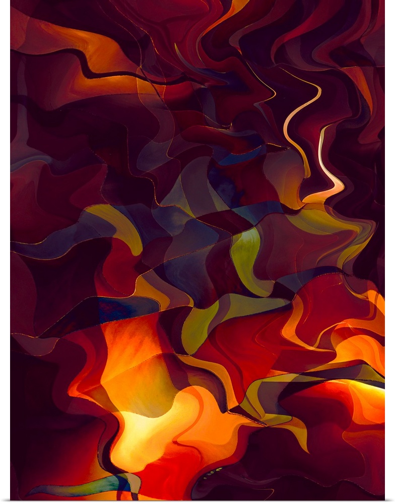 Abstract photograph made of wavy shapes in varying fiery shades.