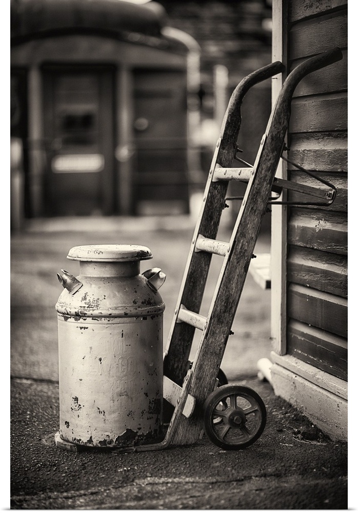 Old Milk Can with a Hand Barrows at a Train Station, Ringoes, Hunterdon County, New Jersey.