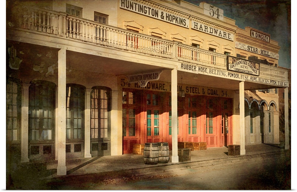 A photo of a storefront from a frontier town that has been edited to an antique effect.