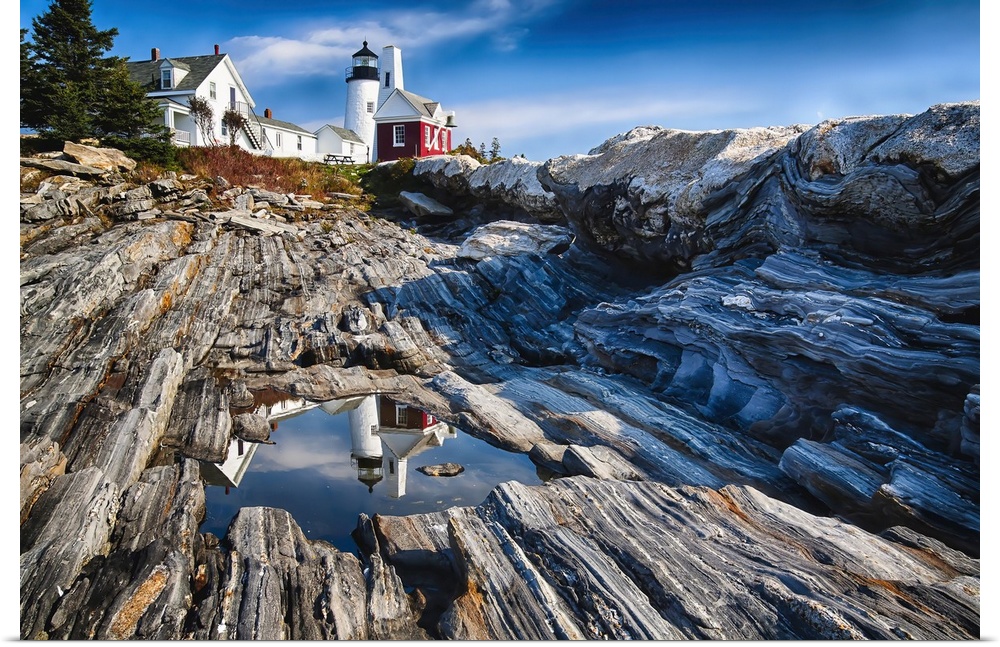 View of the Pemaquid Point Lighthouse with Image Reflected in Tidal Pool, Maine.
