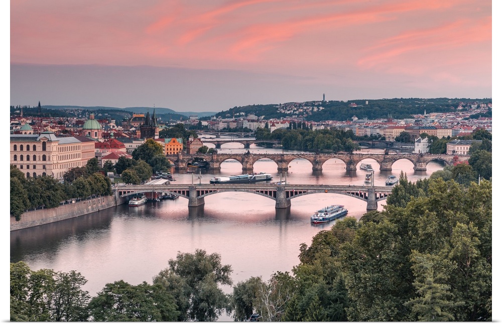 Bridges over Vltava river in Prague. The middle one is the most famous Charles Bridge, a medieval stone arch built from th...