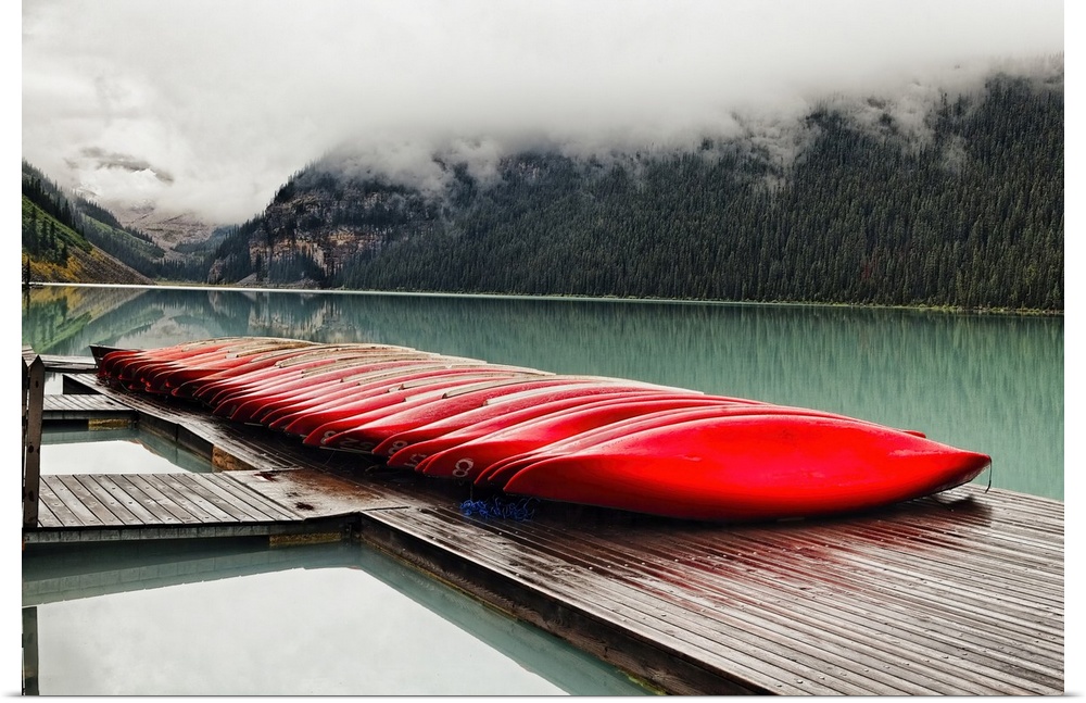 Low Angle View of a Dock with Red Boats, Lake Louise, Alberta, Canada
