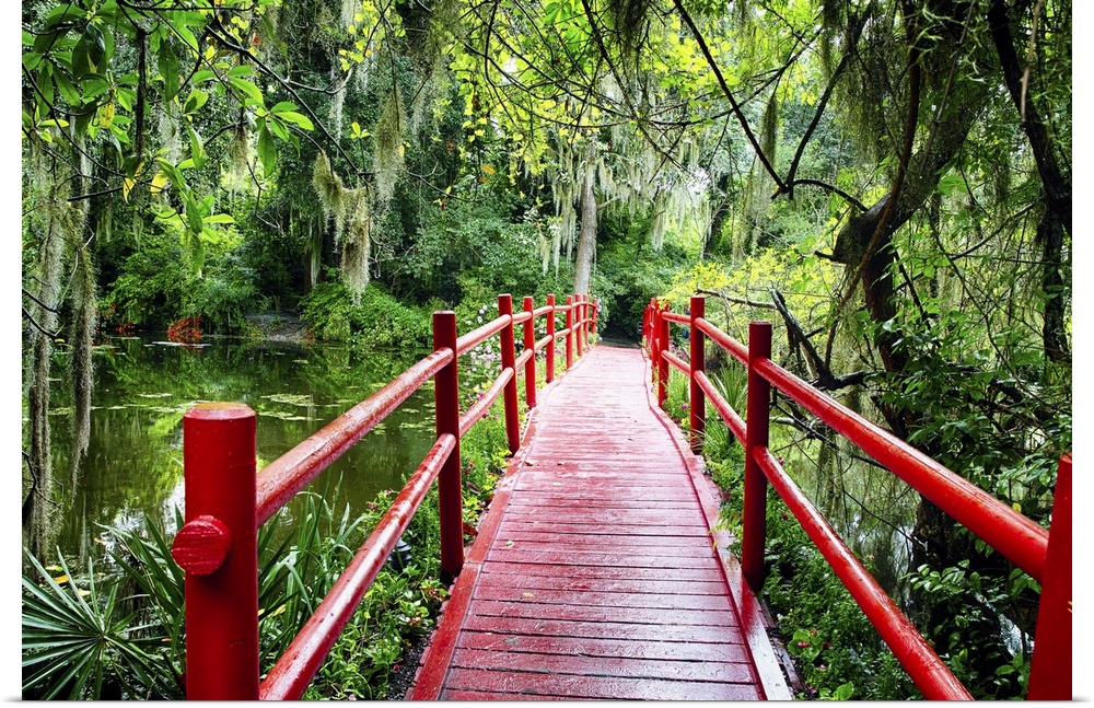 View of a Red Wooden Footbridge in a Southern Marshy Garden, South Carolina