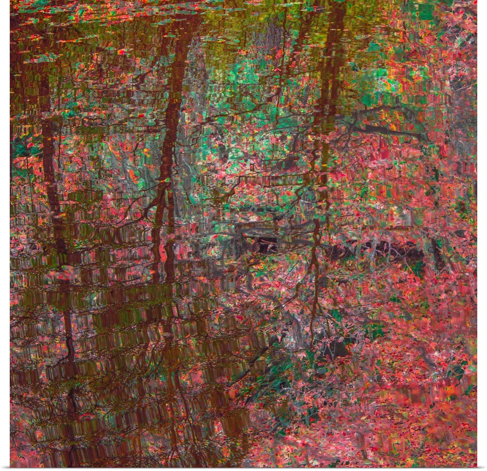 An abstract pattern in pinks, peaches and iridescent greens reflecting in still waters reminiscent of Japanese silk painti...