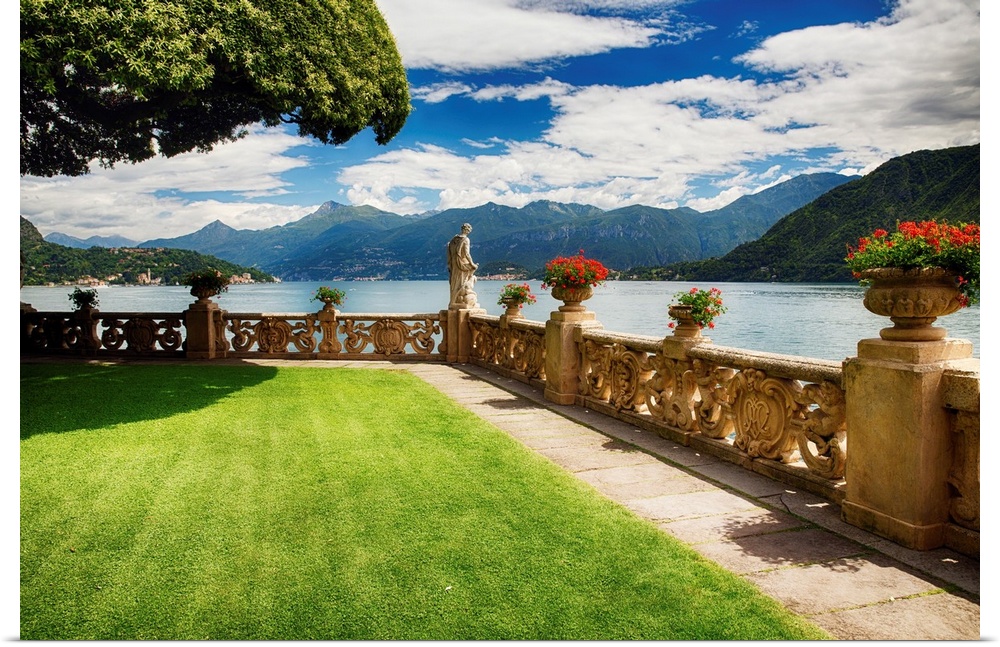 Fine art photo of a Roman-style veranda overlooking Lake Como in Italy.
