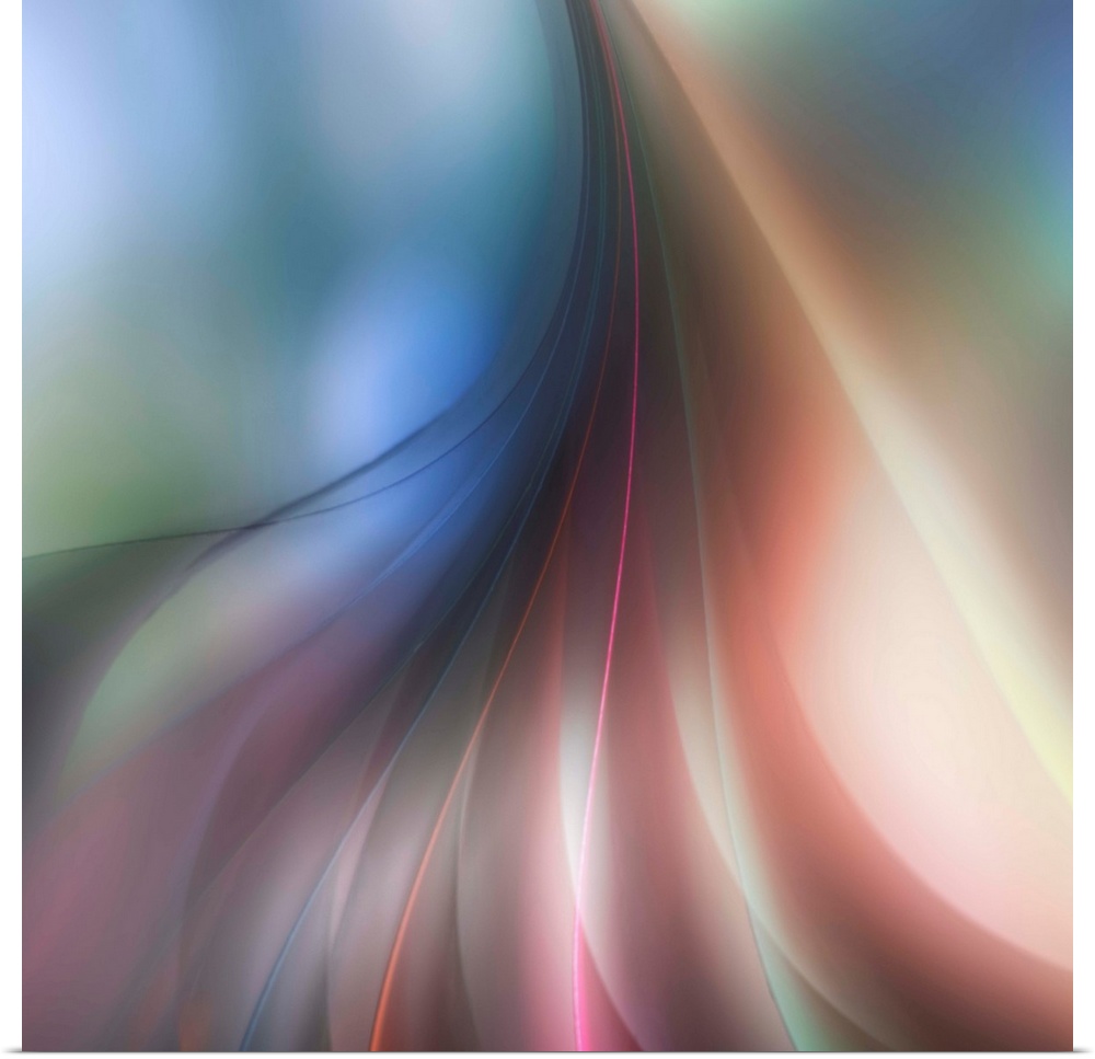 Abstract art of blurred, wavy, colorful lines from a single gathering point at the top, draping down towards the bottom of...
