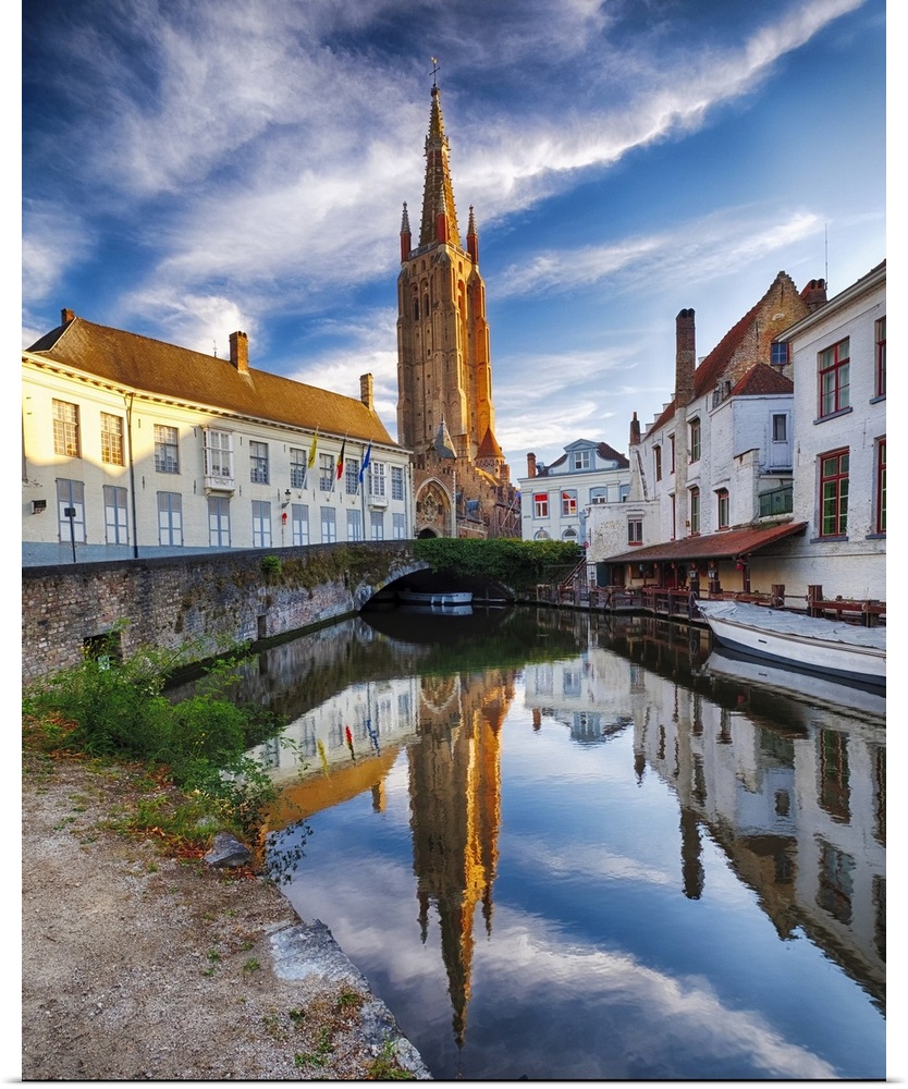 Tranquil Scene in Bruges with the Church of Our Lady Reflected in the Canal, Bruges, Flanders, Belgium