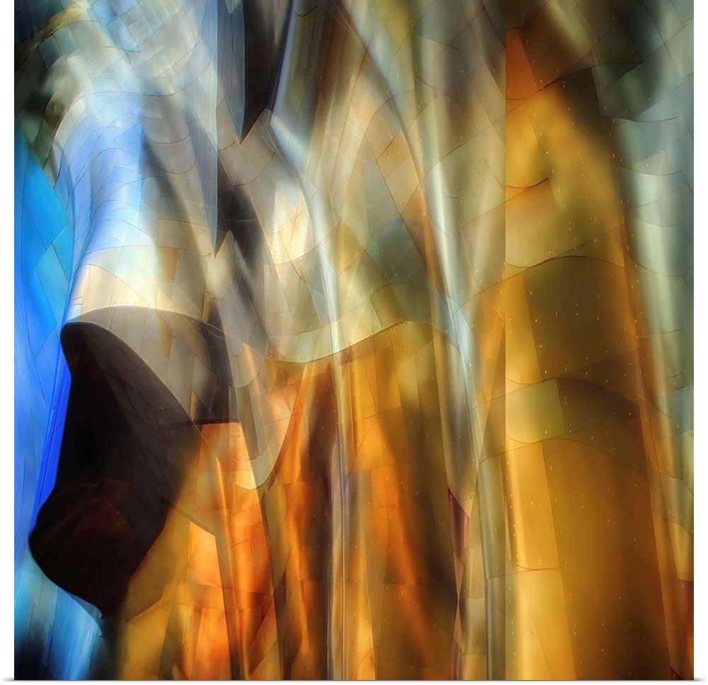 Conceptual photo of a building facade reflecting blue and amber light, warped and stretched to create an abstract image.