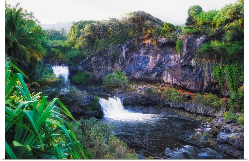 High angle view of the Waterfalls of the Seven Sacred Pools, Hana Road, Maui, Hawaii.