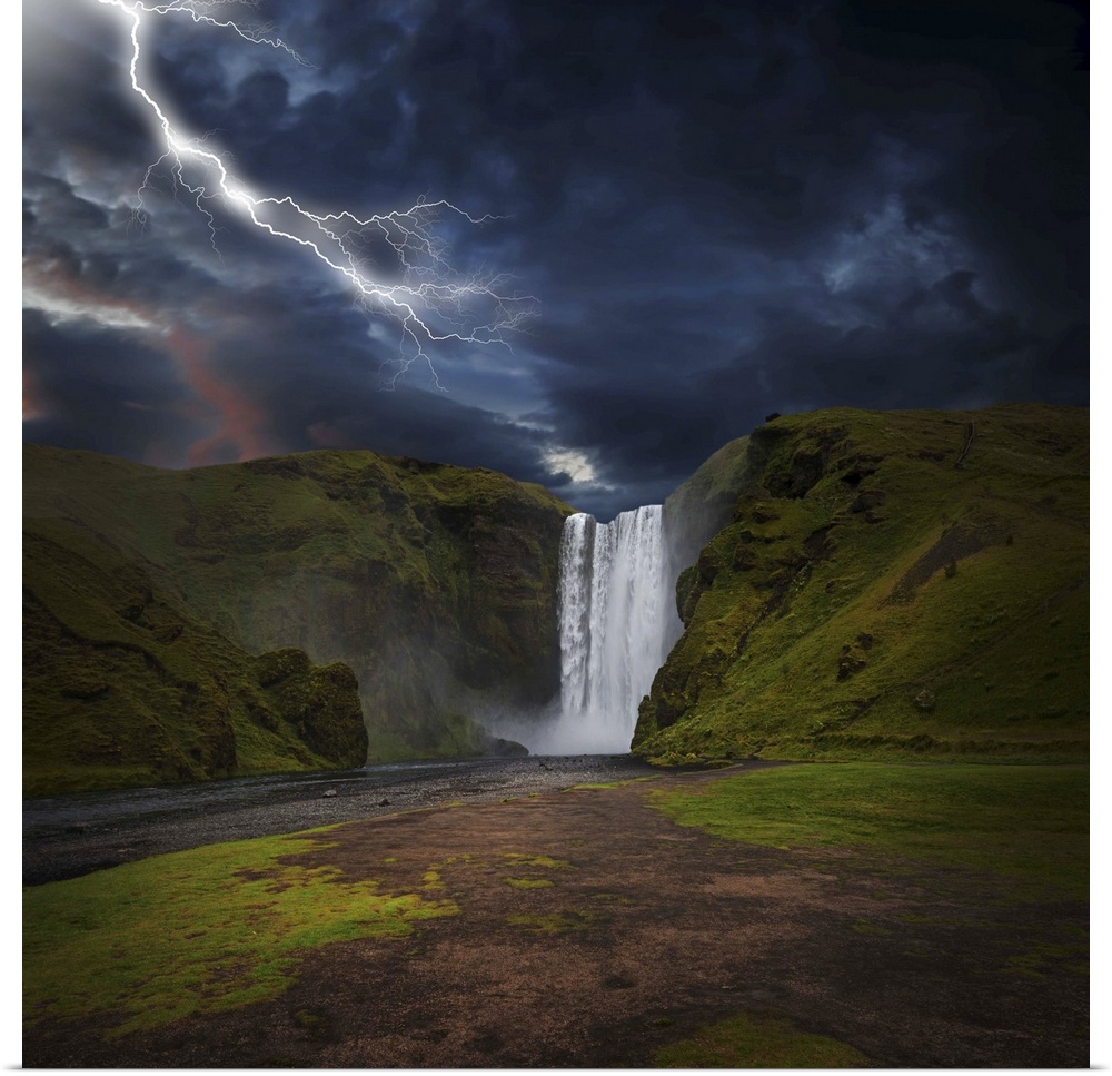 A photograph of lightning striking over a landscape with a waterfall in the distance.