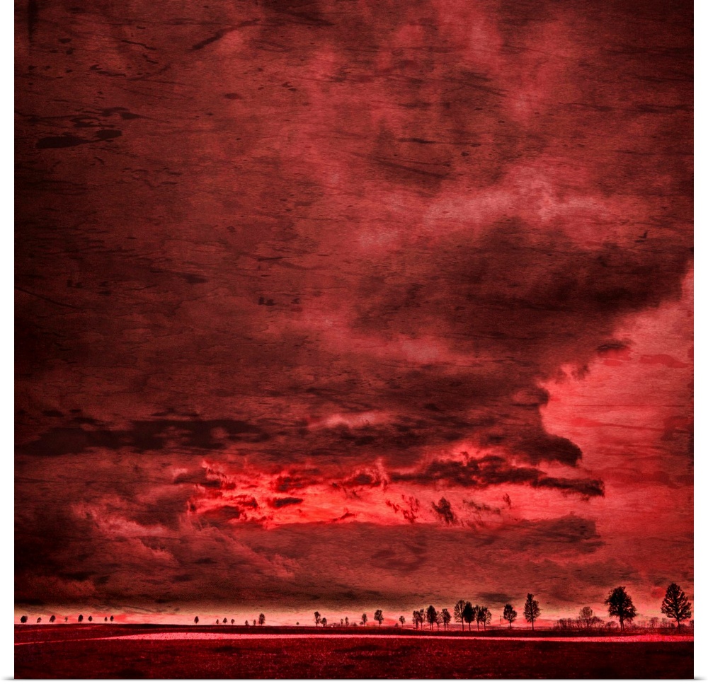 Red sky and large clouds