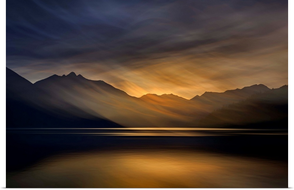 Artistic abstract photograph of a serene lake and mountain scene.