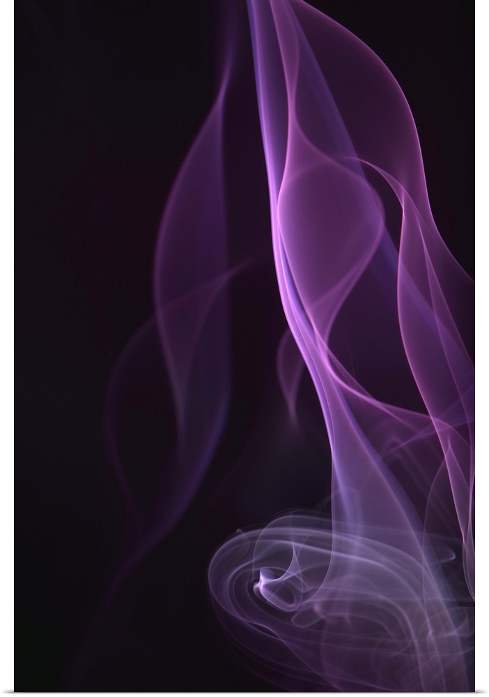 An abstract macro photograph of a sinuous purple line of smoke against a black background.