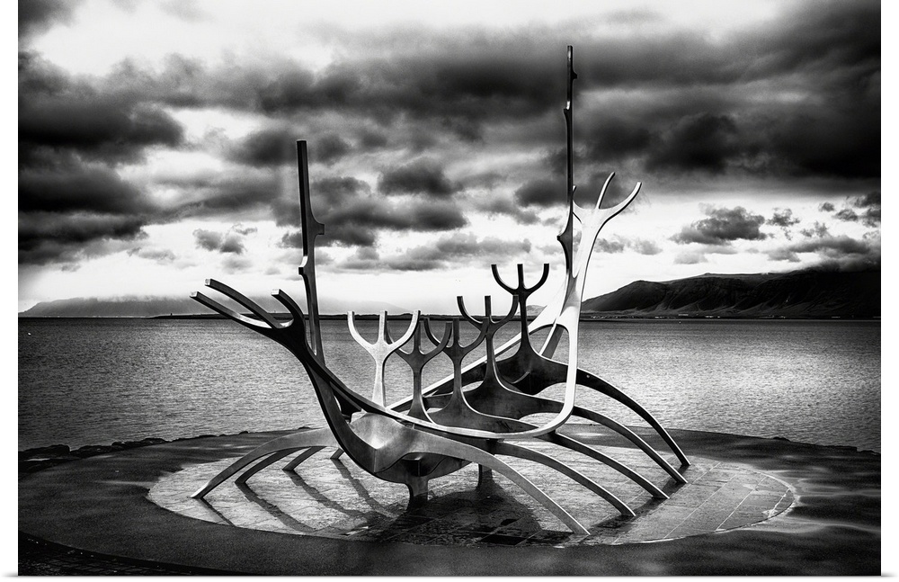 Modern Metal Sculpture Resembling to a Viking Long Ship, The Sun Voyager In Reykjavik Harbor, Iceland