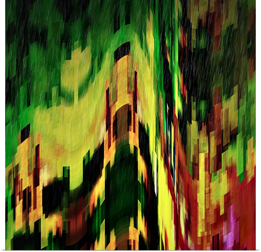 Bright yellow, red, and green lights from a city scene warped into stretched, square shapes to create an abstract image.