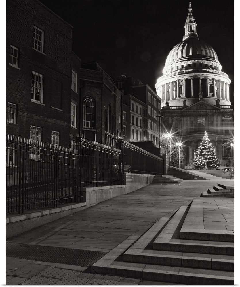 A monochrome black and white night image of St. Pauls, London, England.