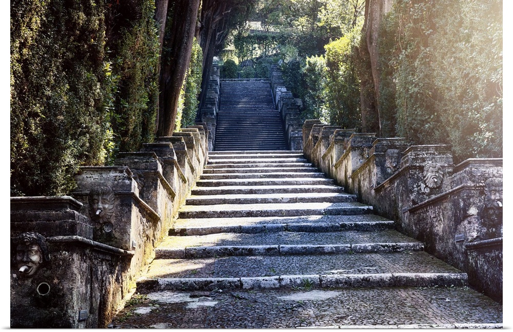 Outdoor stone steps in a garden in Tivoli, Italy, in warm afternoon sunlight.