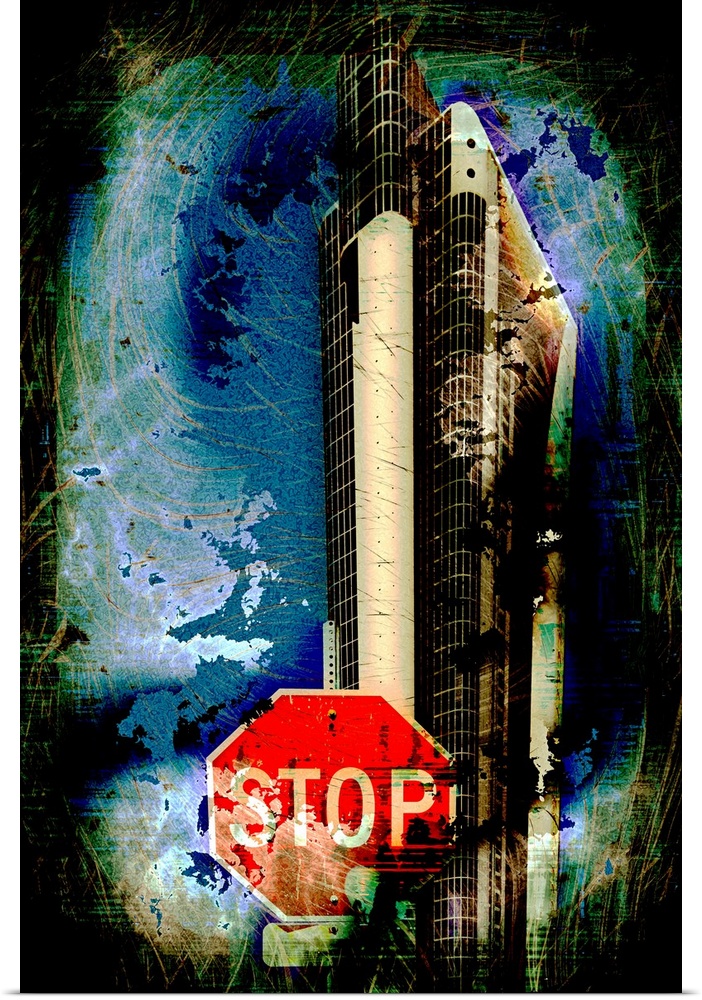 Image of a stop sign and a skyscraper in the distance, with a heavy grunge texture effect.