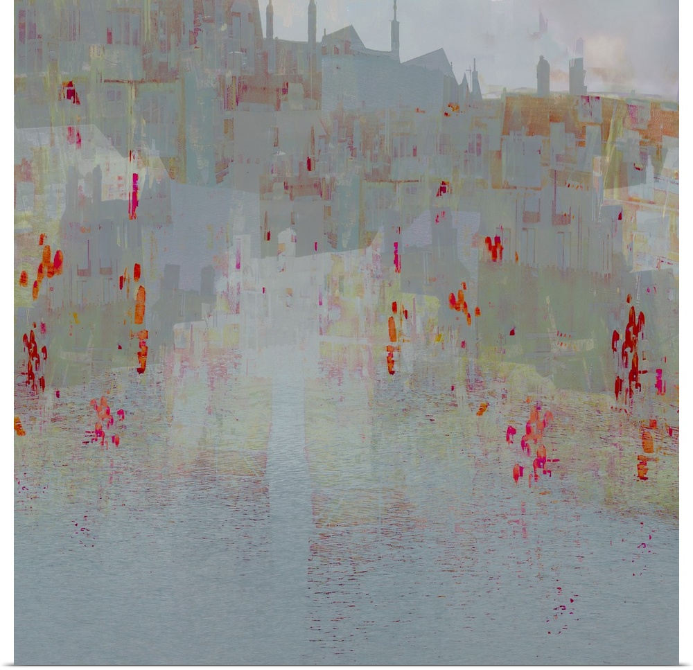 An abstract expressionistic image of a cityscape in pale blues, greens with splashes of orange and red.