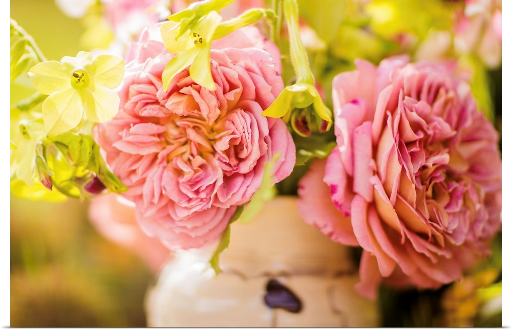Close-up photograph of pink English roses in an arrangement with a shallow depth of field.