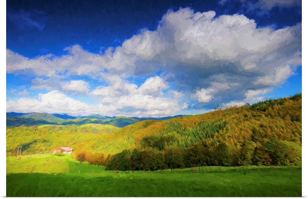 A photograph of a countryside landscape under fluffy clouds.