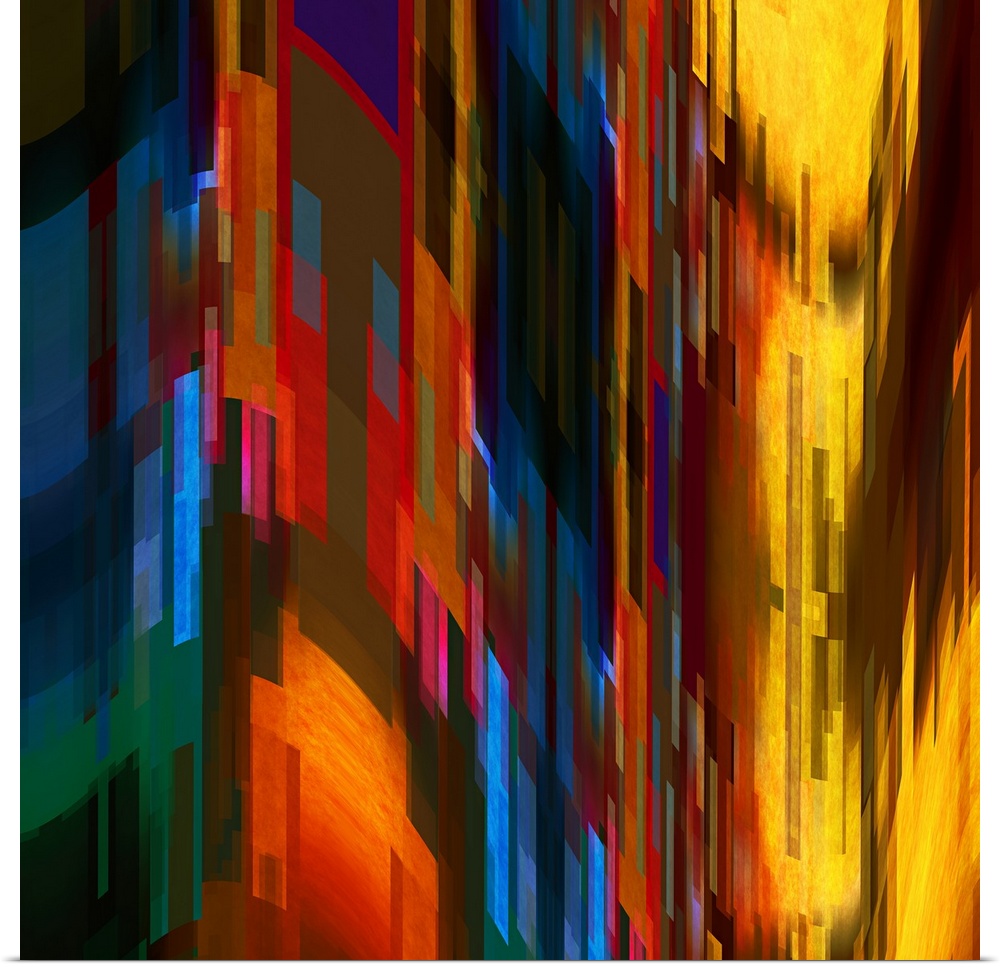 Bright orange and yellow lights from a city scene warped into stretched, square shapes to create an abstract image.