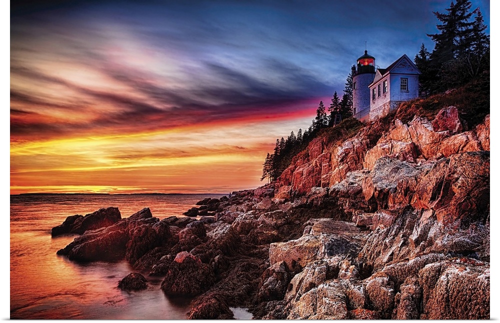Lighthouse on a Cliff at Sunset, Bass Harbor Head Lighthouse, Maine.