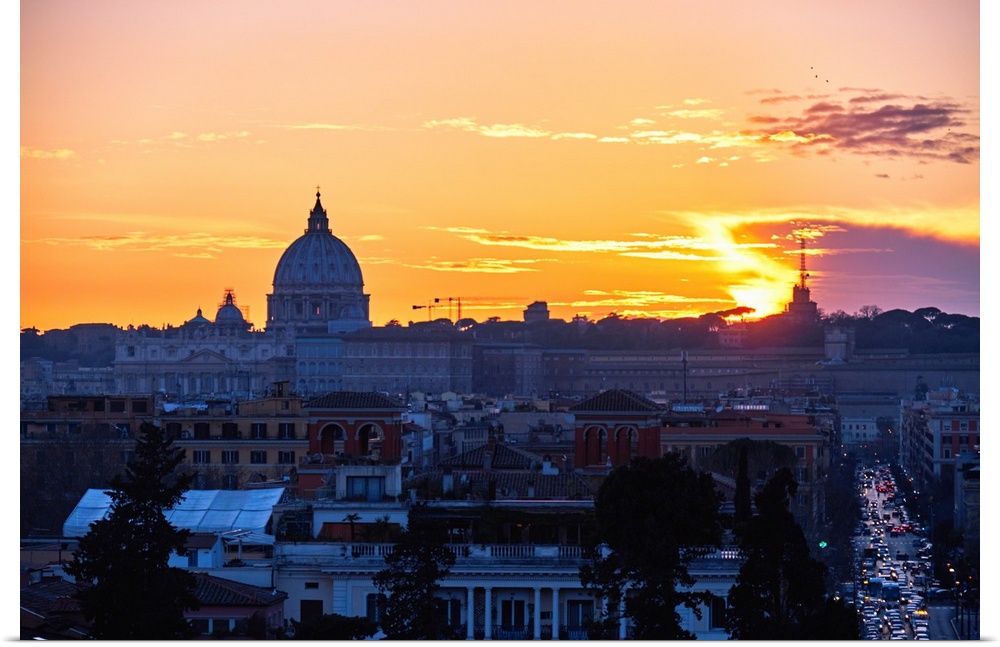 Sunset view of Rome from The Villa Borghese, Rome, Lazio, Italy.