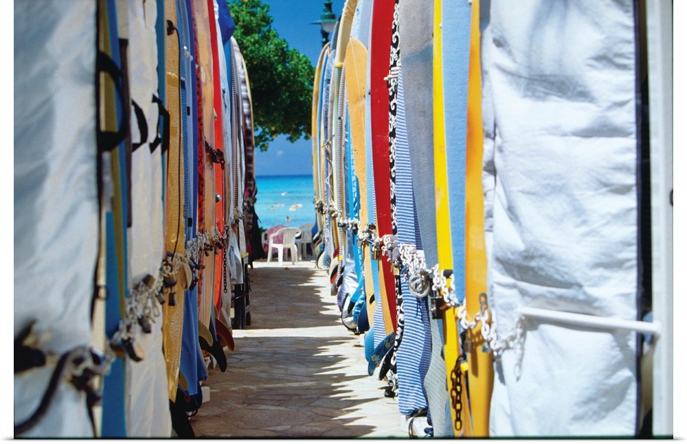 Rows of surfboards on Waikiki Beach, Honolulu, Oahu, Hawaii.