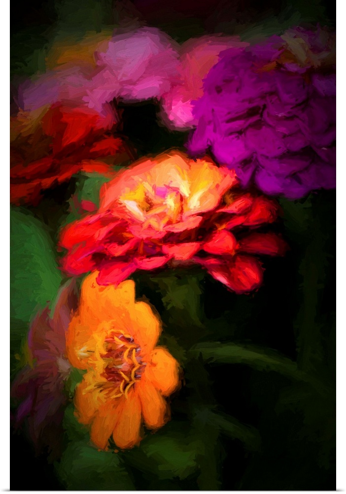 A close-up photograph of vibrant flowers in a vignette.
