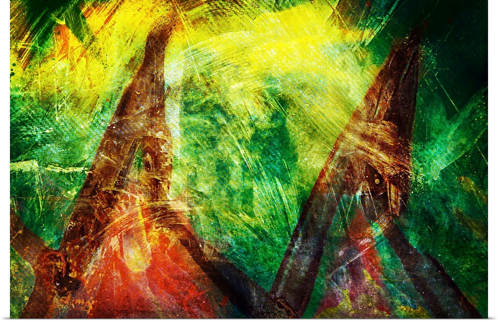 Abstract image resembling two tepees in green, yellow, brown, and red hues.